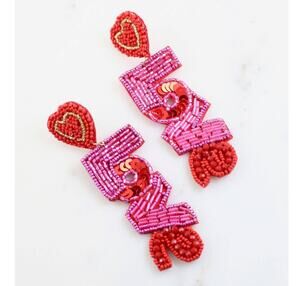 Allie Beads LOVE Beaded Heart Drop Earrings Red Pink NWT